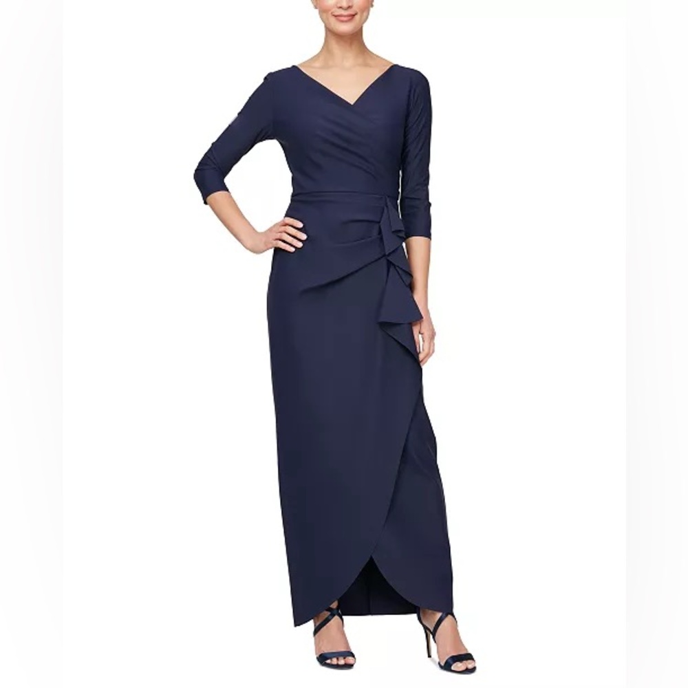 001 Alex Evenings Women’s Compression Surplice Draped 3/4 Sleeve Gown